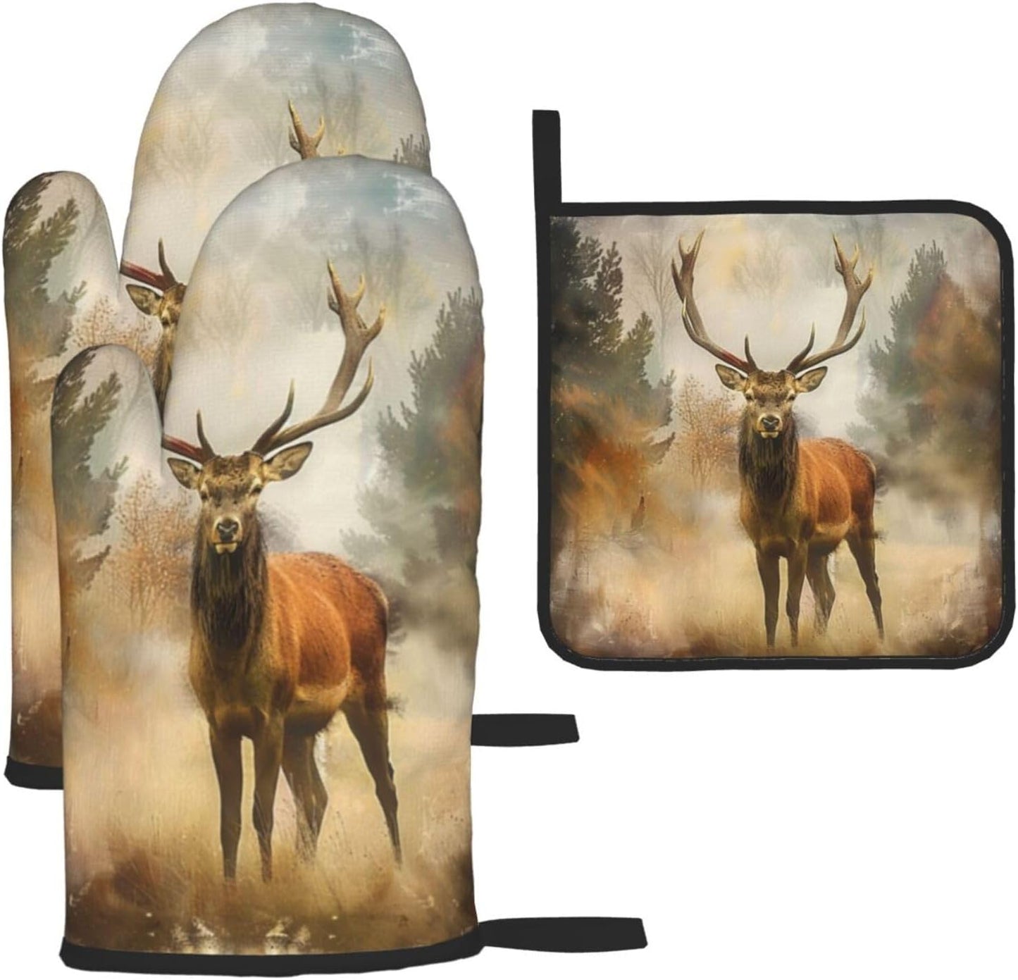 Deer Art Oven Mitts and Pot Holders Sets of 3 Heat Resistant Oven Gloves Hot Pads Non-Slip Kitchen Accessories for Baking Cooking Grilling BBQ