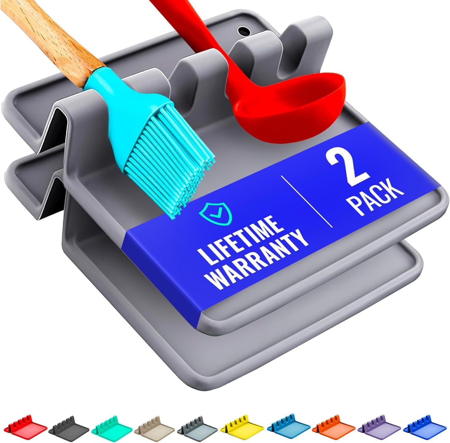 Silicone Spoon Rest for Stove Top with Drip Pad (2 Pack) - Heat Resistant BPA Free Utensil Rest & Kitchen Spoon Holder for Kitchen Counter - Grill Countertop - Spatula Holder, Tongs, Ladle - Grey