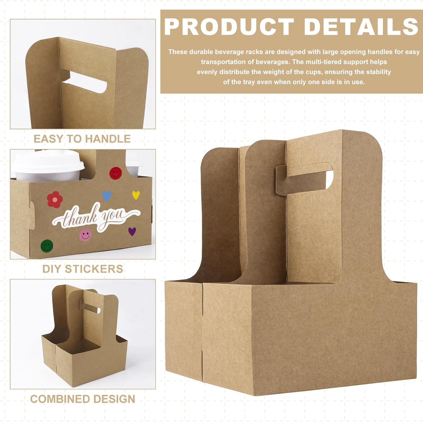 15 Pcs 2 Cup Drink Carrier with Handle, Assemblable Kraft Cardboard Cup Holders with 15 Pcs Happy Birthday Stickers, Disposable Drink Carrier for Drinks Coffee Take Out Cup Carriers Brown