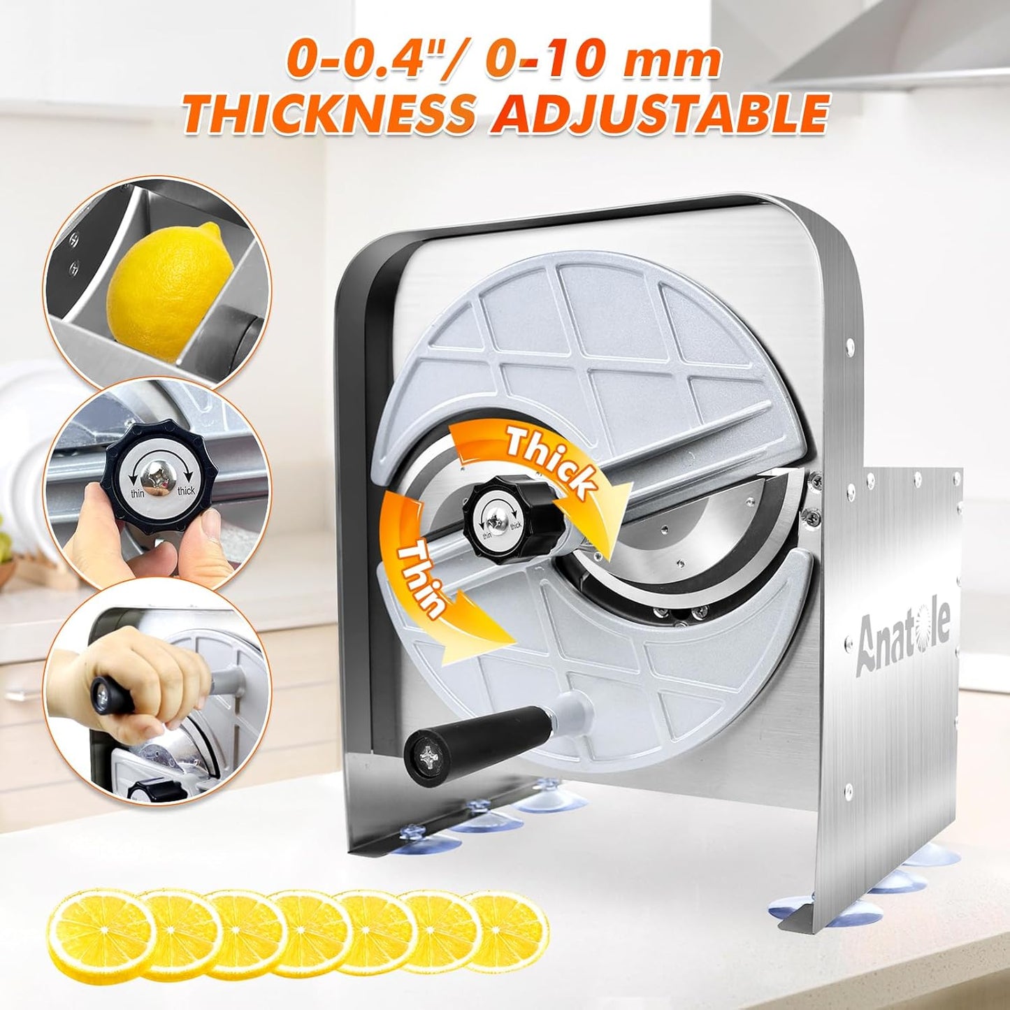 Anatole Commercial Vegetable Slicer Stainless Steel 0-0.4'' Thickness Adjustable Manual Veggie Fruit Cutter for Tomato Onion Potato Cabbage Lime Orange