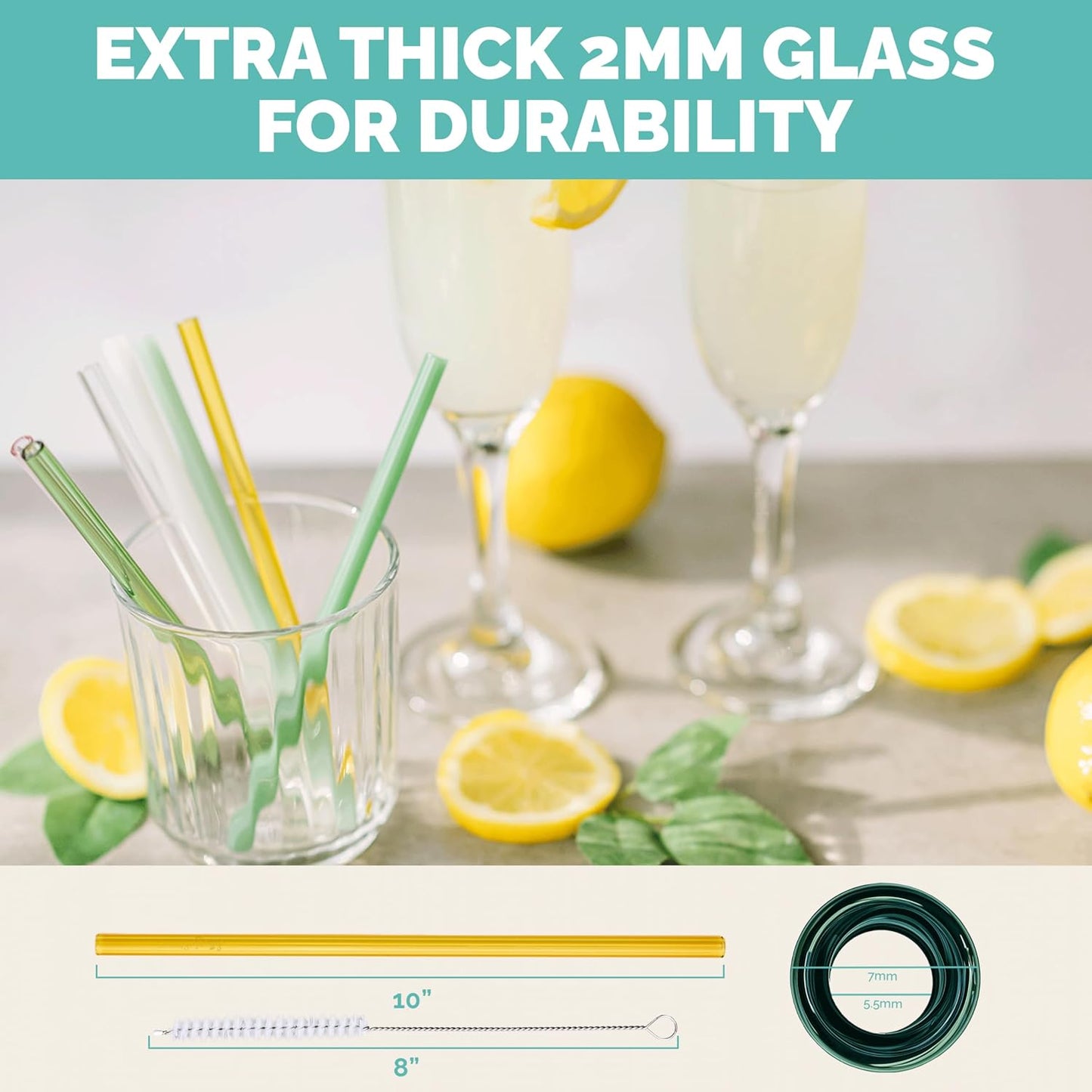 Simply Straws 10 Inch Glass Straws Straight (6-Pack) – Reusable Glass Straws for 24 Oz Mason Jars & Tumblers, with Cleaning Brush – Durable, Dishwasher Safe, Hot & Cold Use, BPA-Free (Fjord Mist)