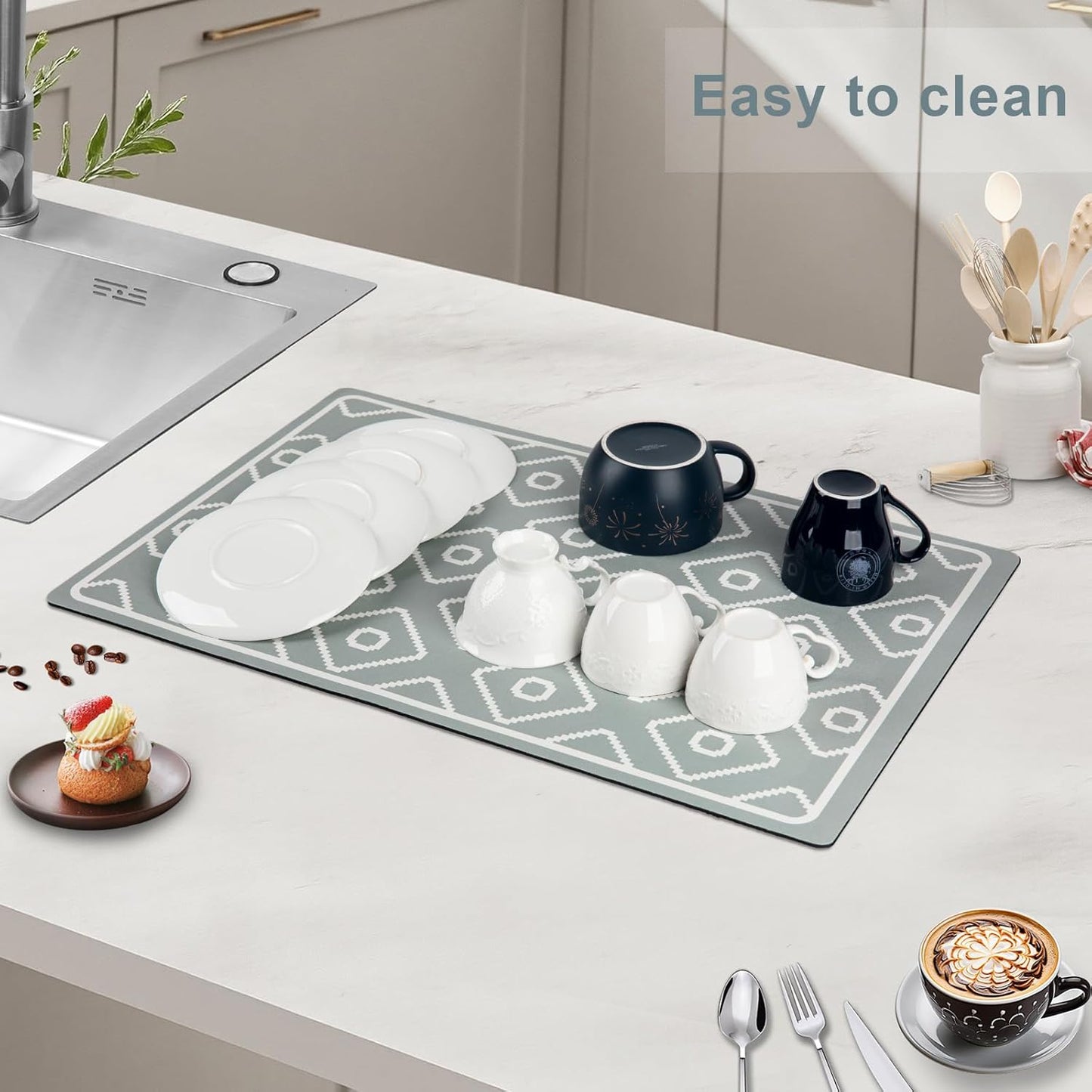 SUEH DESIGN Dish Drying Mat, Absorbent Coffee Mat 19.6 x 11.8 in Quick Dry Kitchen Drying Dish Drain Mat for Kitchen Counter Coffee Bar, Green