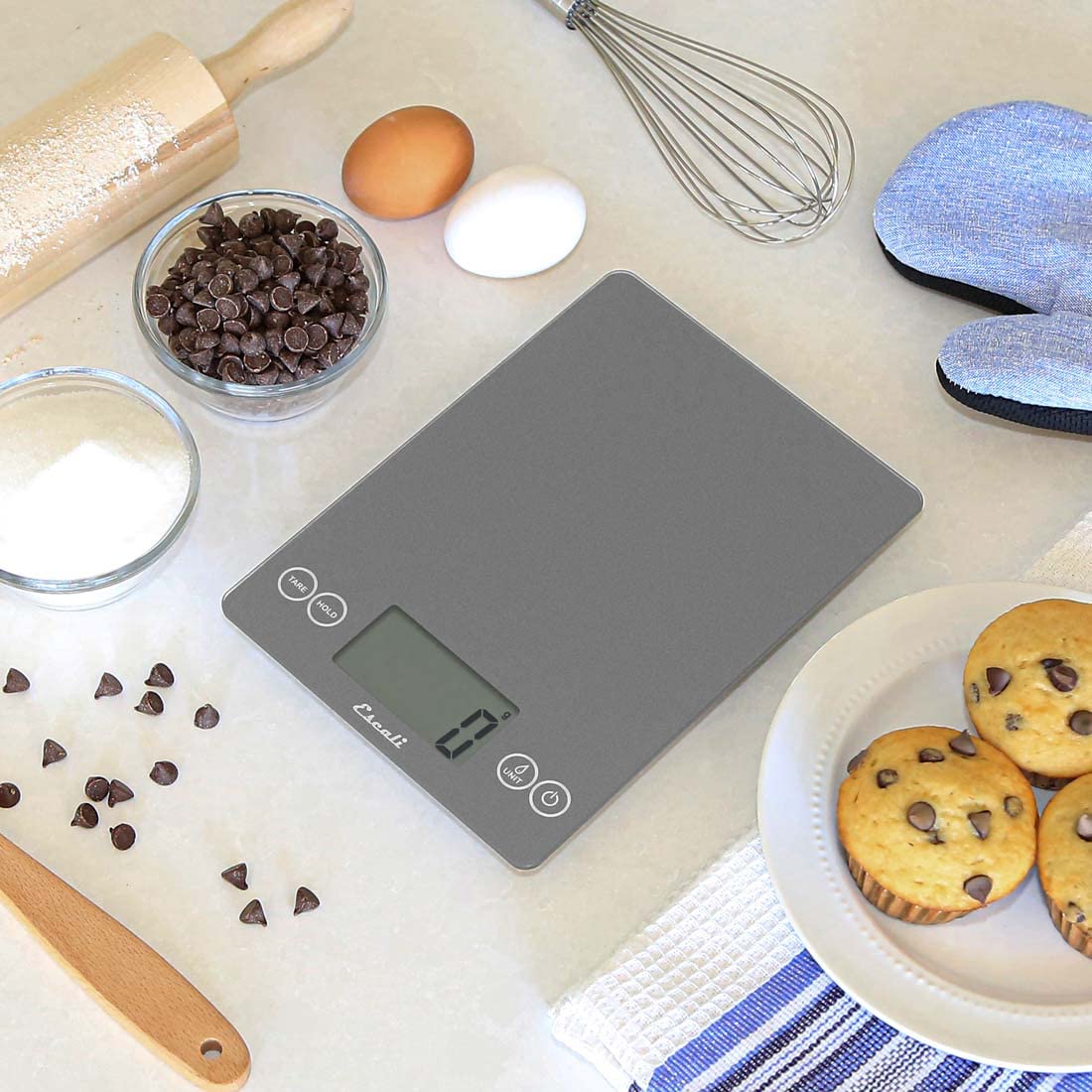 Escali Arti Glass Food Scale Digital Countertop Kitchen, Baking and Cooking Scale with Nutrition and Calorie Counter, 15-Pound Capacity, 9" x 6.5" x .75", Gray Storm