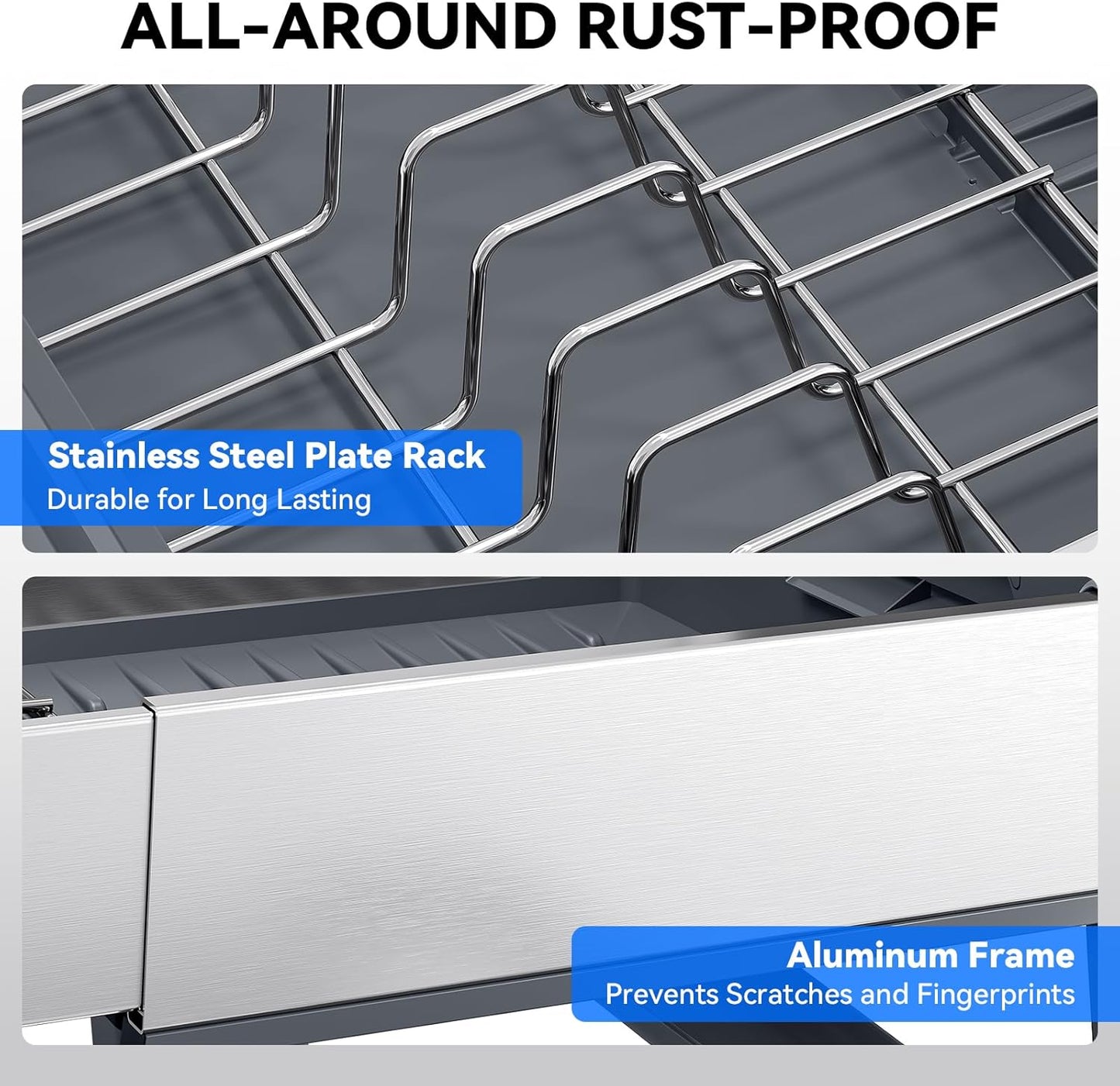 Expandable Dish Drying Rack, Stainless Steel Dish Rack with Aluminum Frame, Dish Drainer for Kitchen Counter, Space Saving Kitchen Drying Rack with Movable Utensil Holder,Gray