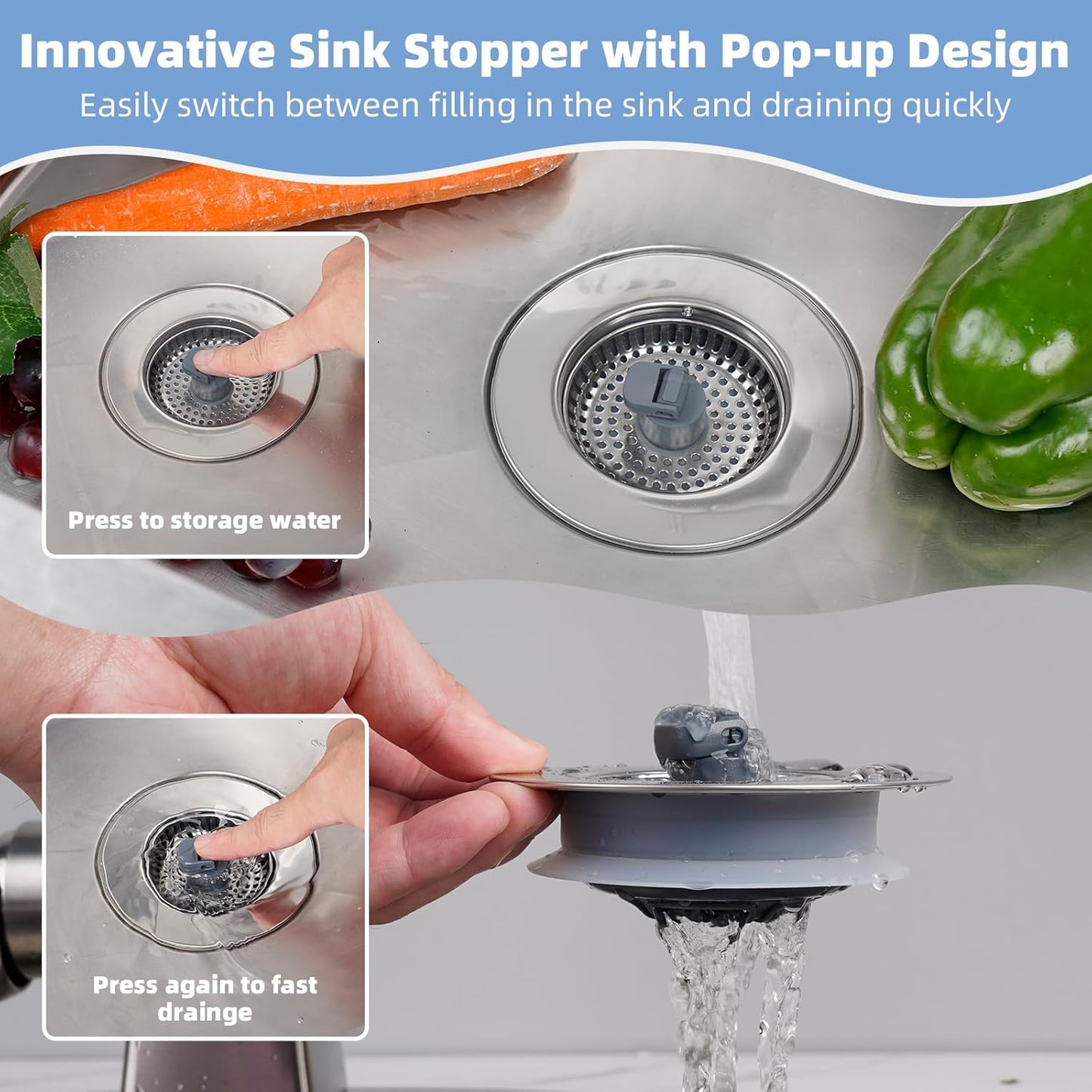Hibbent Universal 3 in 1 Kitchen Sink Drain Strainer with Sink Stopper, Stainless Steel Wrapped Shell, SUS304 Anti-Clogging Basket Strainer, Fit for US Standard 3-1/2" Drain, Stainless Steel