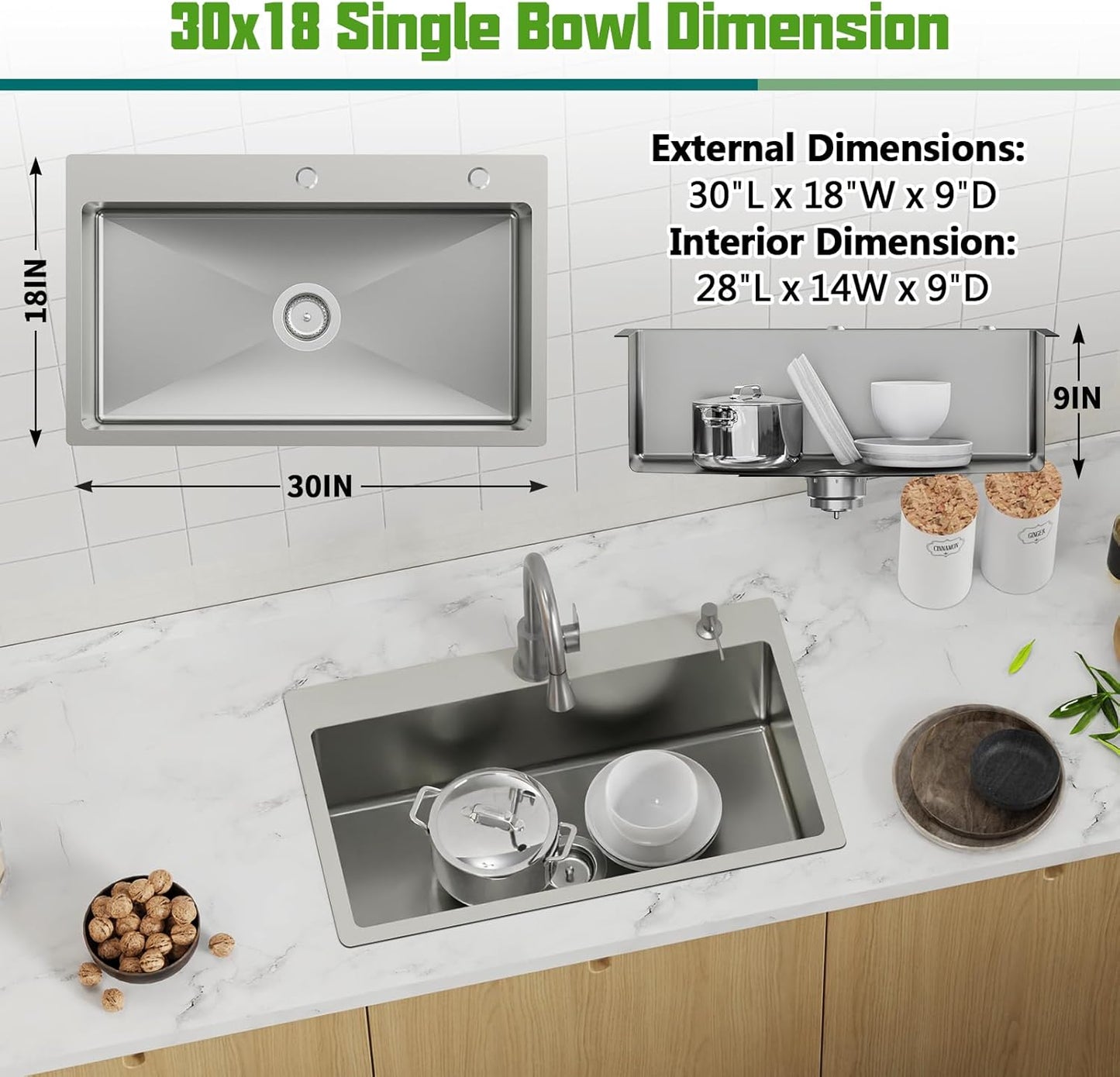 30x18 In Drop Inch Kitchen Sink-Stainless Steel Topmount Modern Single Bowl Kitchen Sink Come With Silicon Mat, Drain Strainer Set Offer Large Basin And Compatibility With Various Kitchen&Bar Style