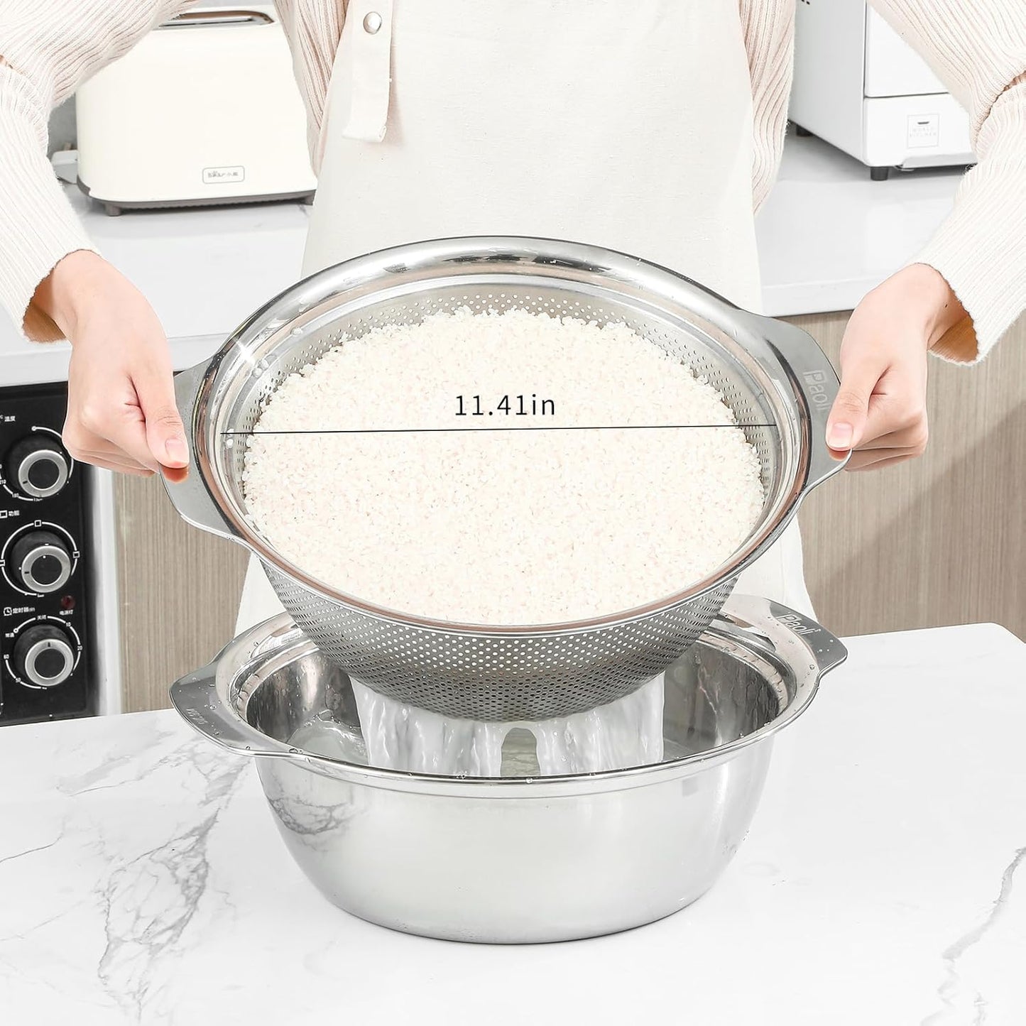 304 Stainless Steel Microporous Colander with Handle, Rice Washers Microporous Strainer Set For washing vegetables, fruits and rice, and draining cooked pasta.