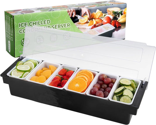 WICHEMI Fruit, Veggie & Condiment Caddy with Lid Dispenser Tray Plastic Garnish Station for Bartending & Serving Taco, Ice Cream, Salad Bar - Topping Organizer for Restaurant Supplies (6 Compartment)