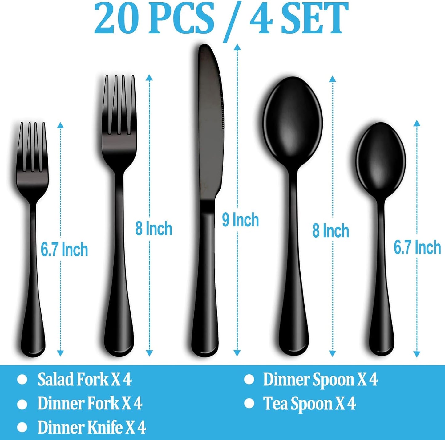 20 Pcs Black Silverware Set, Stainless Steel Flatware Set Service for 4, Mirror Polished Cutlery Utensil Set, Durable Home Kitchen Eating Tableware Set, Include Fork Knife Spoon Set, Dishwasher Safe