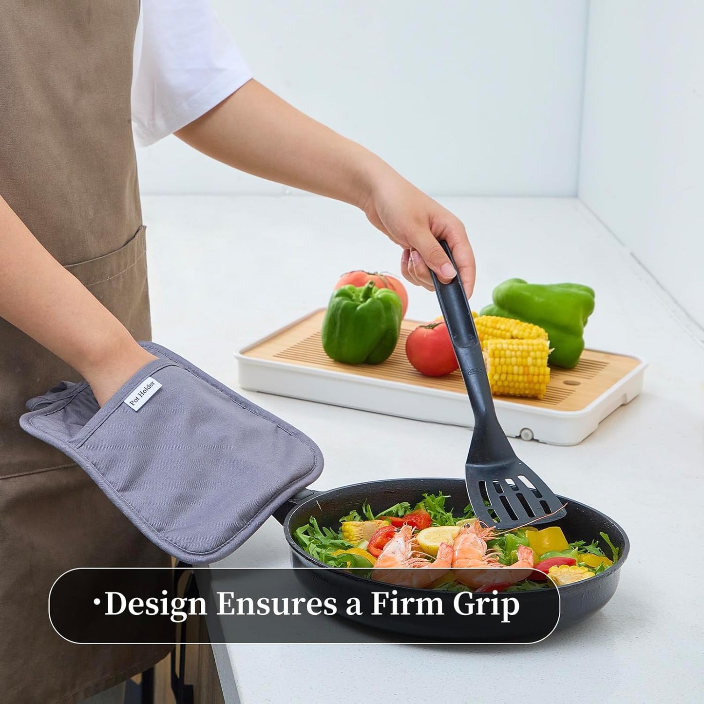 Kitchen Everyday Basic Pot Holder Heat Resistant Coaster Soft Silicone Water Resistant Pot Holder Set Oven Mitts with Pocket, 2 Piece Set, 7"x9" Grey