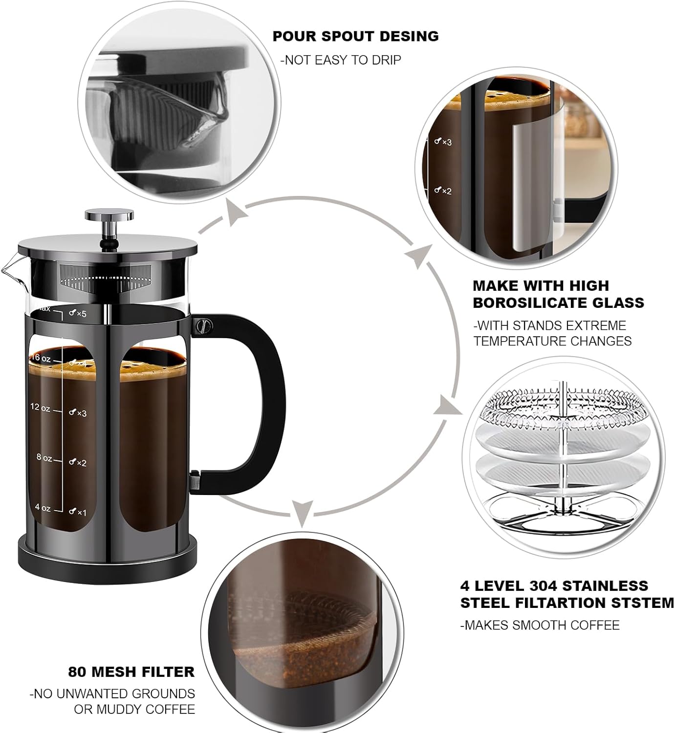 French Press Coffee Maker (21oz 600ML 3-4Cup) Coffee Press, with 4 Filters System, Heat Resistant Thickness Borosilicate Glass, Cold Brew Coffee Tea Pot Gifts (Bright Black)