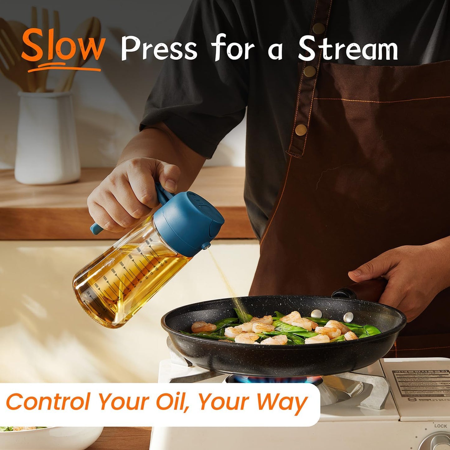 TrendPlain 16oz/470ml Glass Olive Oil Sprayer for Cooking - 2 in 1 Olive Oil Dispenser for Kitchen Gadgets, Air Fryer, Salad, and BBQ - Navy