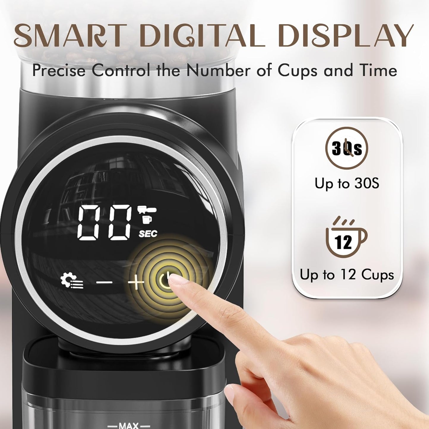 Conical Burr Coffee Grinder, Coffee Beans Grinder with 30 Grinding Settings, Automatic Burr Mill Grinder for Home Use, Touchscreen, 2-12 Cups