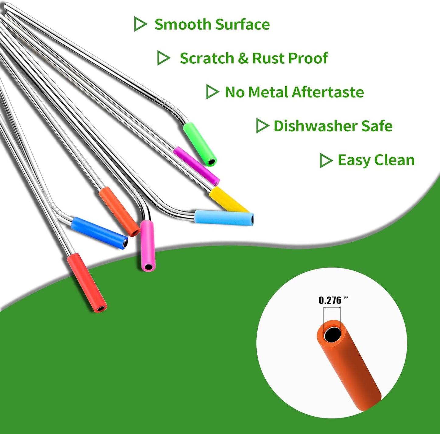 Lazycorner 16 Pcs Metal Straw Reusable 8.5" 10.5" 6mm Stainless Steel Straws for Kids,20oz-32oz, Silver Drinking Straws with Silicone Tips, 4 Straw Cleaner Brush, 1 Travel Case