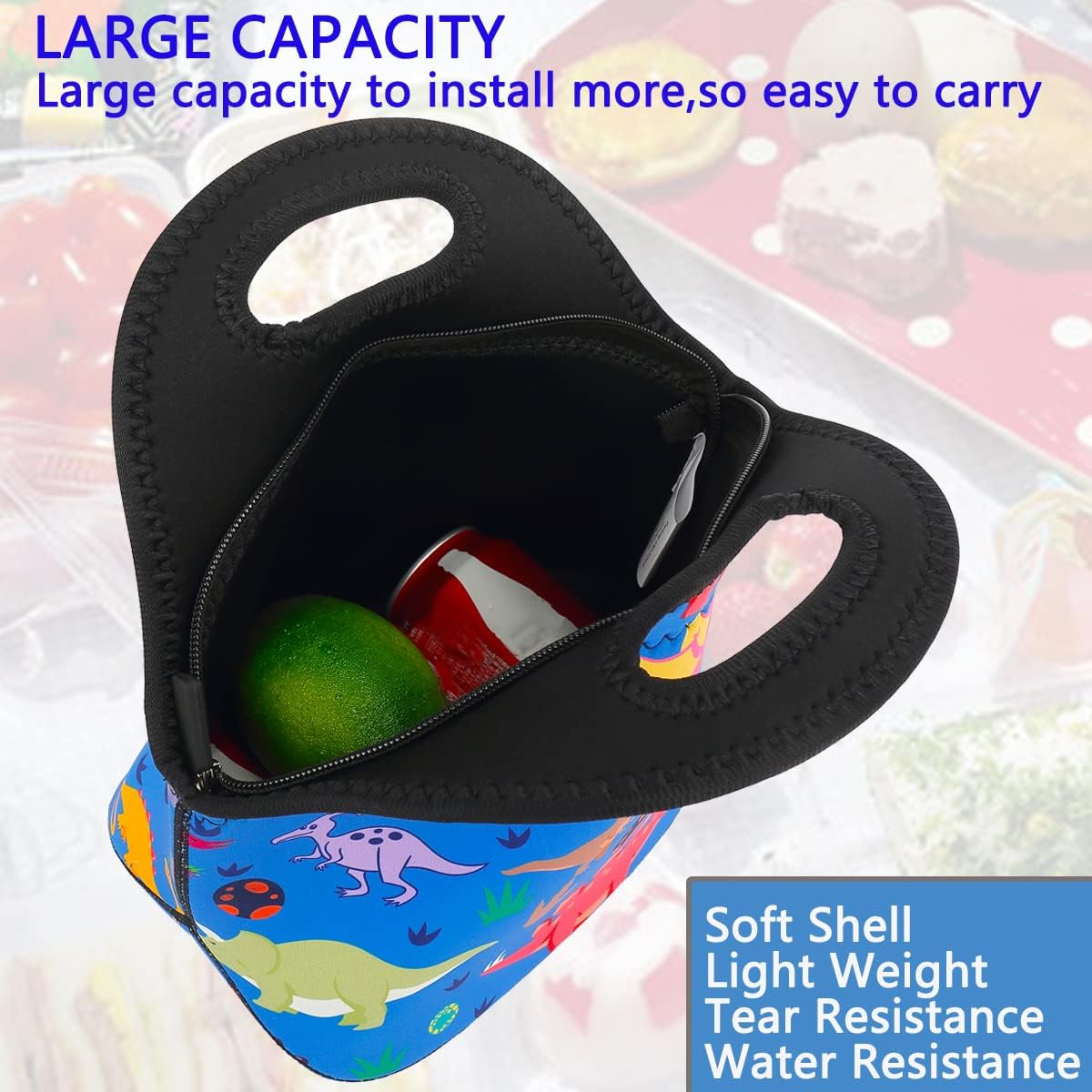 FlowFly Neoprene Kids Lunch box Insulated Soft Bag Mini Cooler Thermal Meal Tote Kit for Boys, Girls,Men,Women,School,Work, Office, Dinosaur