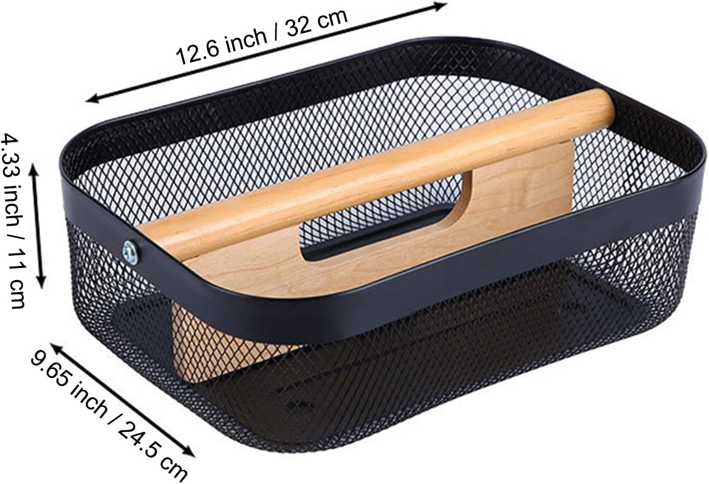 Metal Mesh Steel Storage Basket, Garden Harvest Wire Organizer Basket Multi-functional Kitchen Fruit Basket with Wooden Removable Partition & Handle for Bathroom Picnic Decor Cabinet, Black