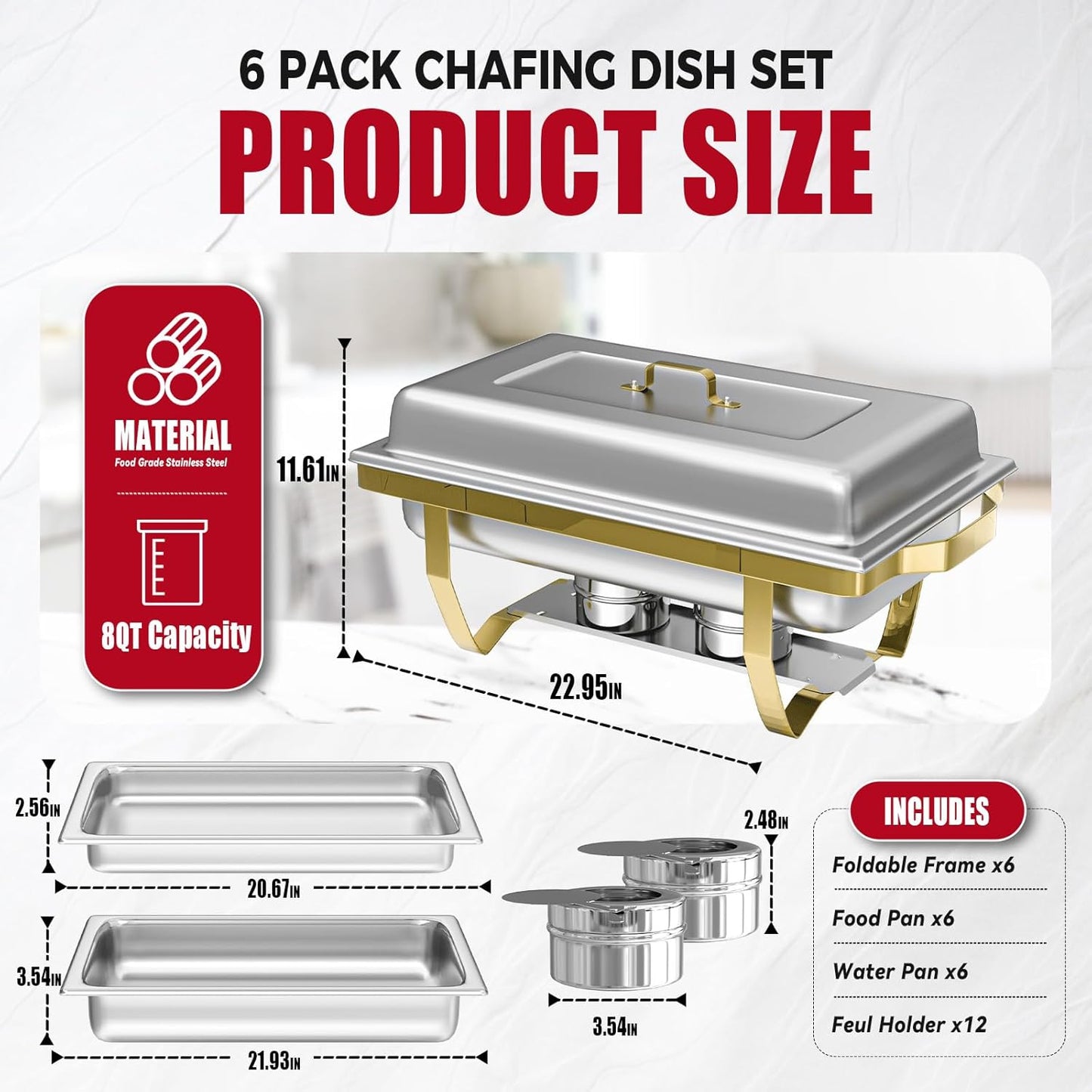 Chafing Dish Buffet Sets of 6, 8QT Stainless Steel Rectangular Chafers and Buffet Warmer Sets for Catering, with Food & Water Pan, Lid, Gold Foldable Frame, Fuel Holder for Event Party Holiday