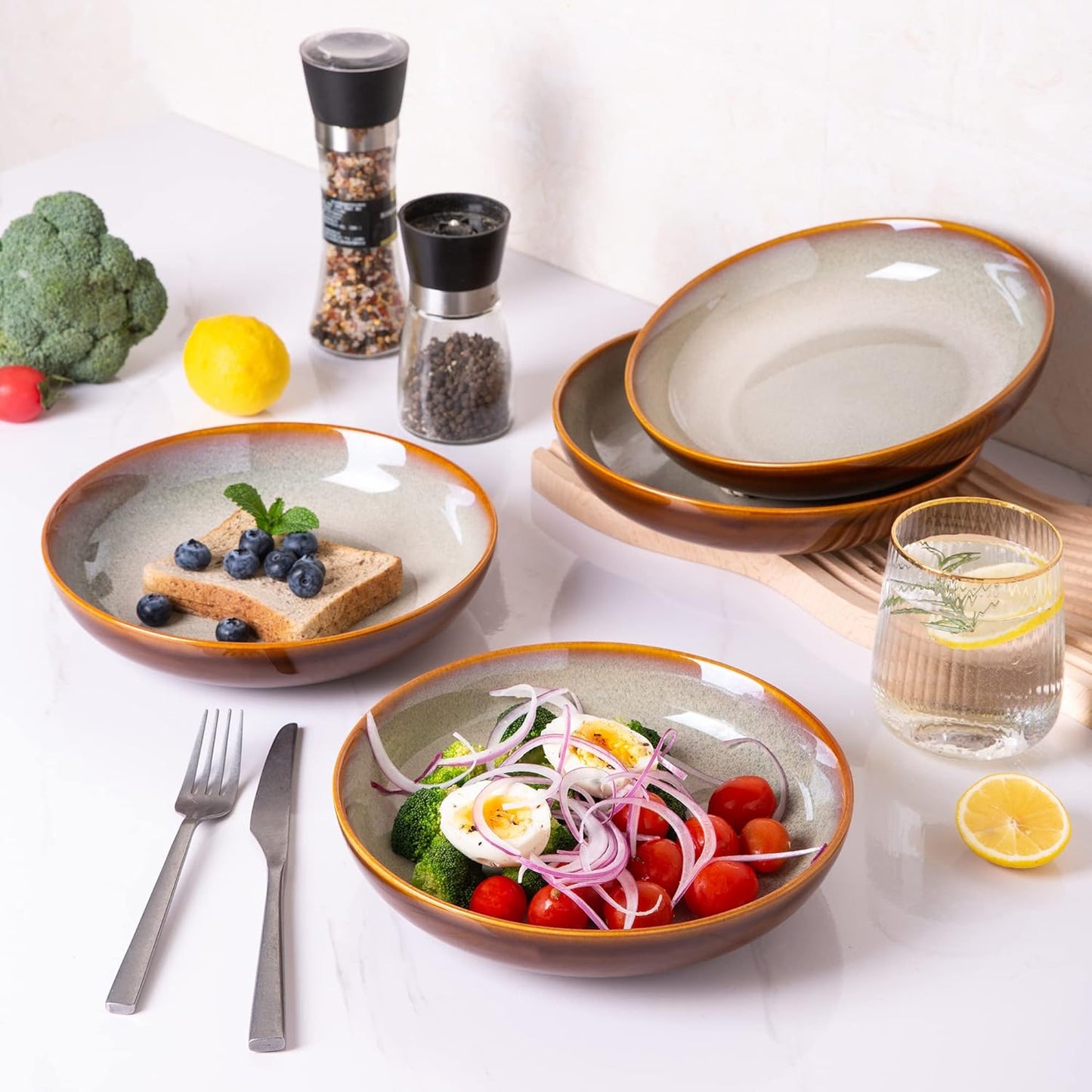 LERATIO Large Pasta Bowls,38oz Ceramic Pasta Bowls,9.0" Reactive Glaze Pasta Bowl Set of 4,Microwave & Dishwasher,Oven Safe,Wide Serving Bowls for Salad,Pasta,Fruit,Scratch Resistant-Khaki