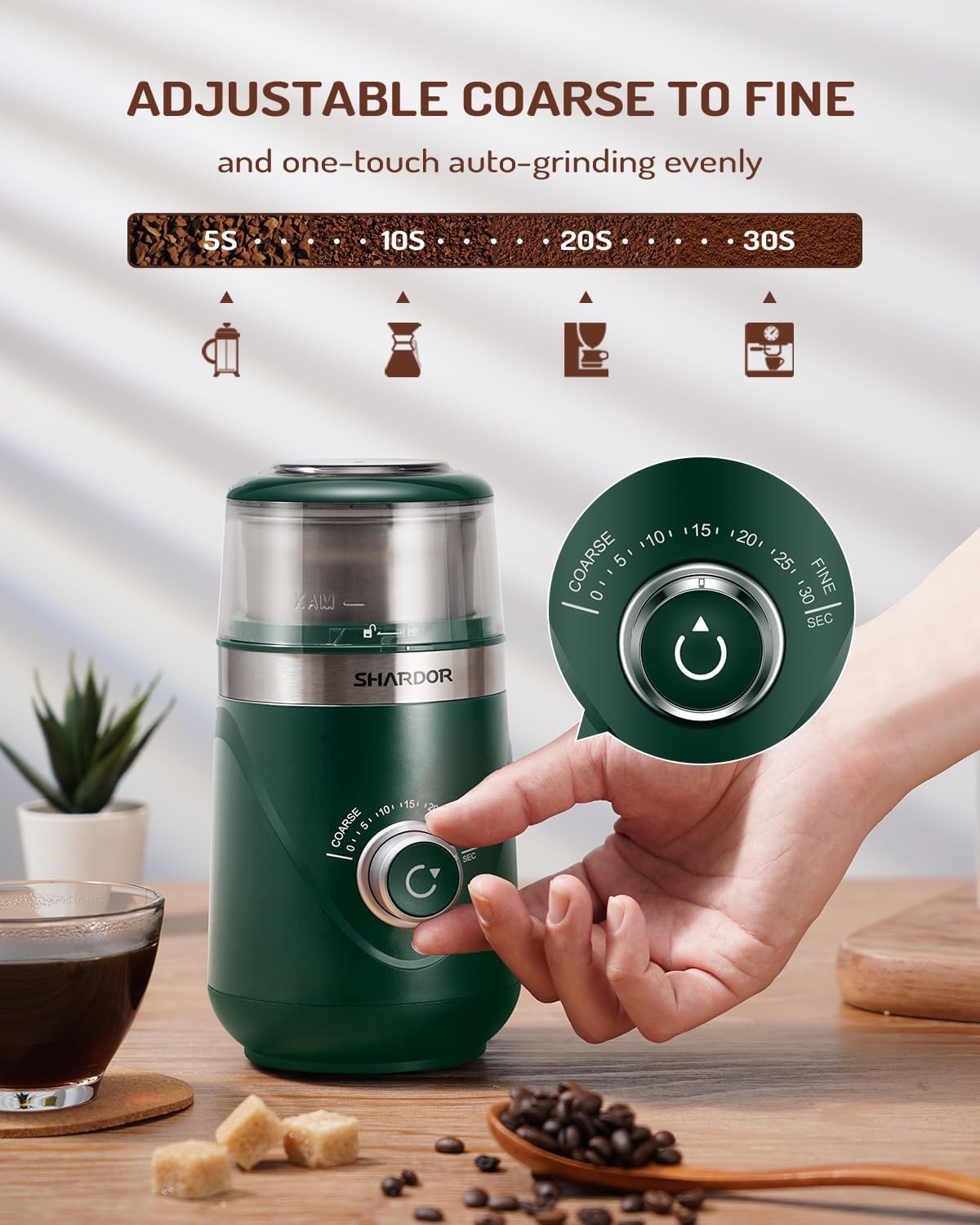 SHARDOR Electric Super Silent Blade Coffee Grinder, Timed Grind Control Rotary Knob, Adjustable Coarse to Fine for Coffee Beans, Spices & Herbs, with 1 Removable Stainless Steel Bowl, Green