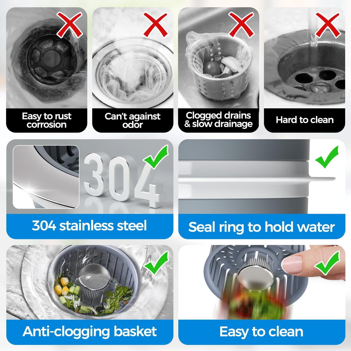 zaa Kitchen Sink Drain Strainer - Kitchen Sink Stopper, Stainless Steel Kitchen Drain Plug & Cover with Anti-Clogging Basket Strainer, Fit US Standard 3-1/2'' Sink Drain Hole, Silver