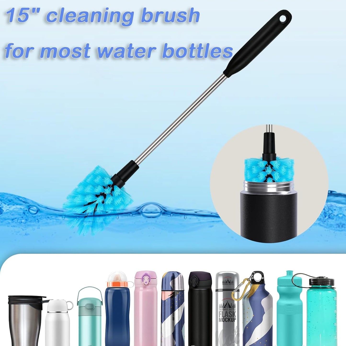 3 in 1 Stainless Steel Long Handled Water Bottle Brush Set, Kitchen Scrubber Cleaning Brush for Mugs, Coffee Cups, Glassware, Wine Glasses, Wake-Ups, with Straw Cleaner, Blue