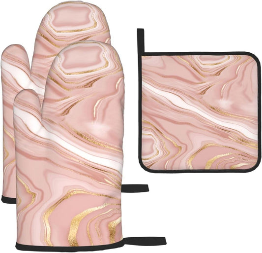 Pink Golden Marble Oven Mitts and Pot Holders Sets of 3 Heat Resistant Hot Pads Rose Pink Modern Oven Gloves for Kitchen Cooking BBQ Baking
