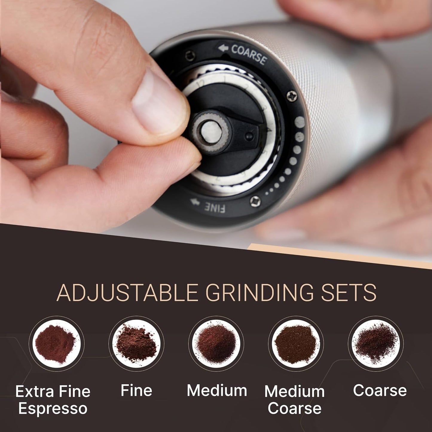 Manual Coffee Grinder by Alpaca Ventures - Stainless Steel Conical Burr Coffee Grinder Manual with Adjustable Setting Double Bearing Hand Espresso Grinder Perfect for Home, Office and Camping