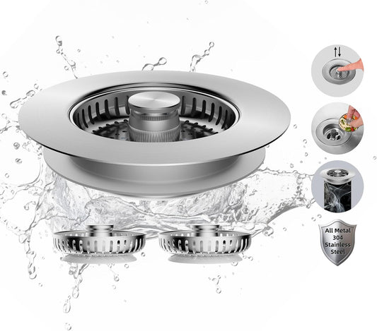 Hibbent All Metal Stainless Steel 3 in 1 Kitchen Sink Drain Strainer, Upgraded Anti-Rust Sink Stop Combo, 3 Anti-Clogging Stainless Steel Baskets with Metal Handle for US Standard 3-1/2" Drain