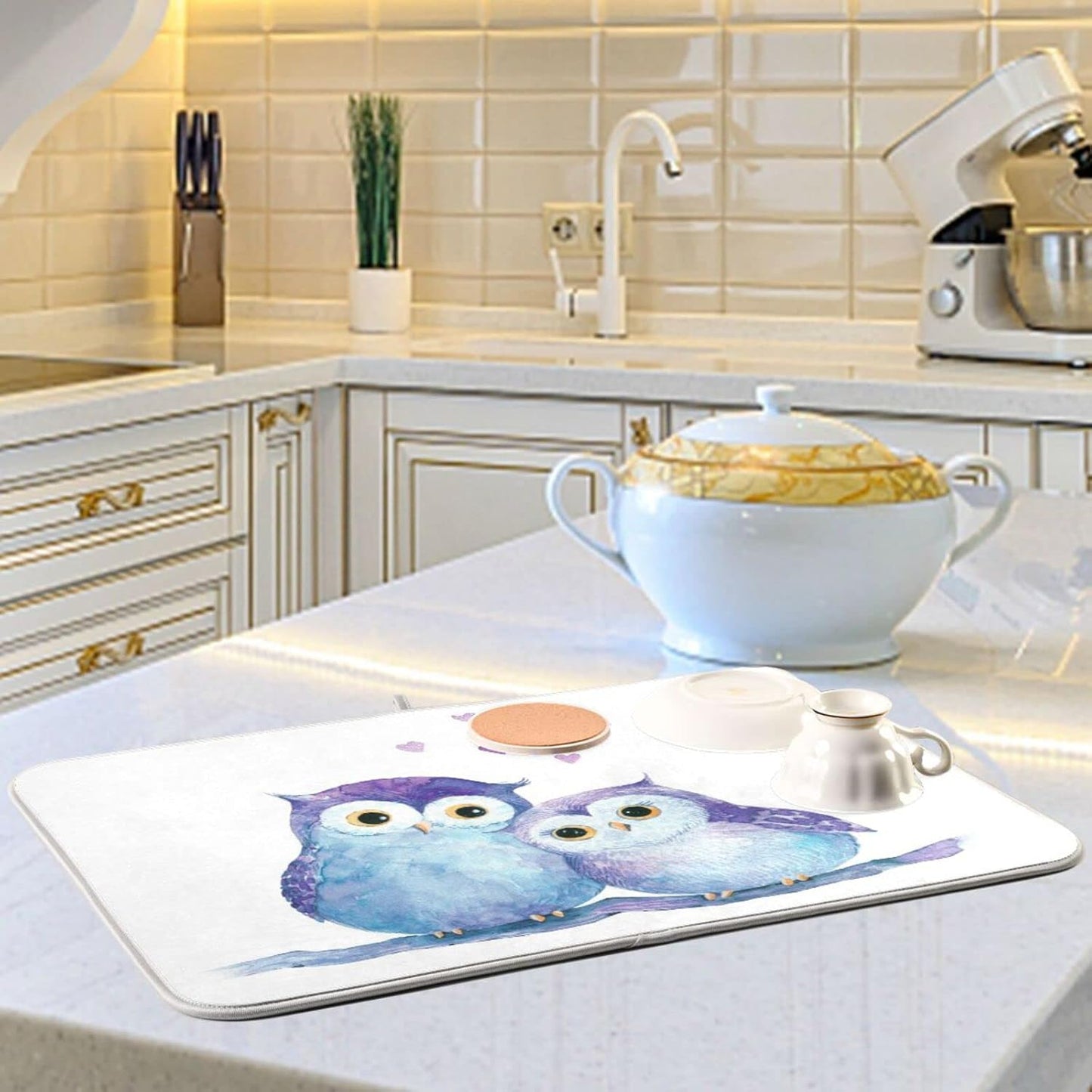 Cute Owl Dish Drying Mat for Kitchen Counter Absorbent Microfiber Drying Pad, Large 18x24 in, Reversible Drainer Mats