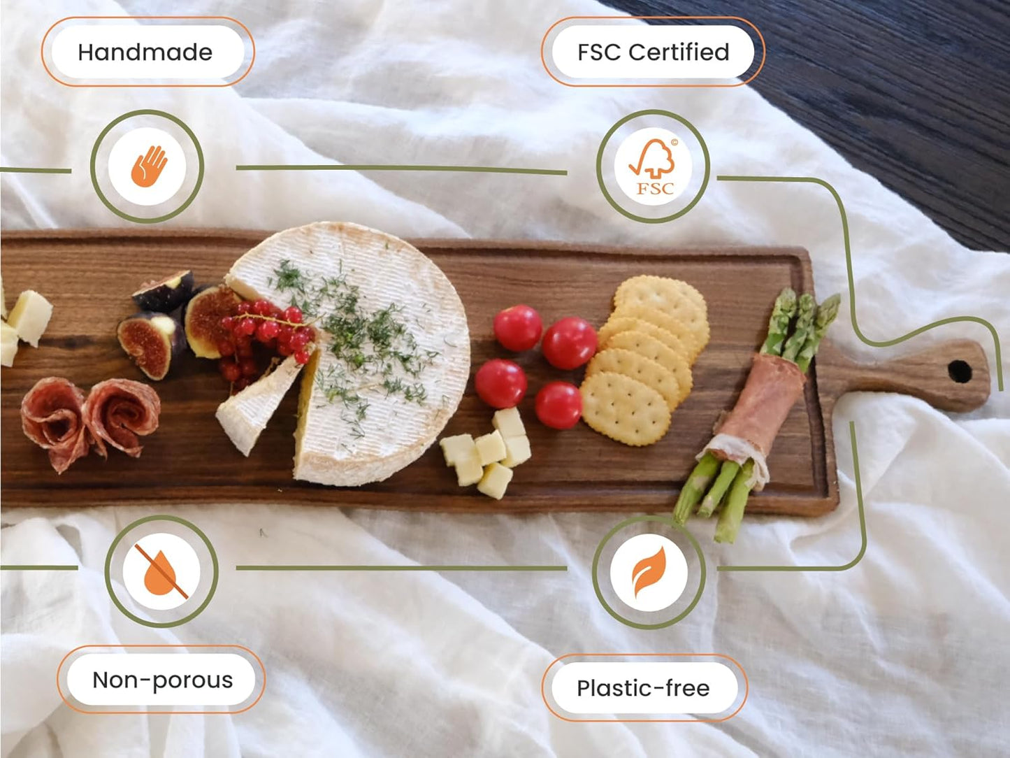 Elegant Walnut Wood Long Serving Board with Handle - Charcuterie Wooden Board - Stylish Versatility for Culinary Delights - Reversible with Juice Groove - 35.4x6.7x0.8 in - Woodie Poppins (Large)