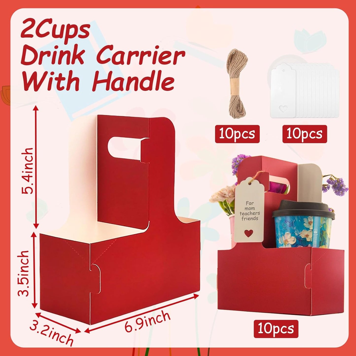 10 Pack 2 Cup Disposable Drink Carrier with Handle Paperboard Coffee Cup Holder Portable for Hot Cold Drinks Food Delivery Services with Heart Card for Teacher Appreciation Week Mother's Day