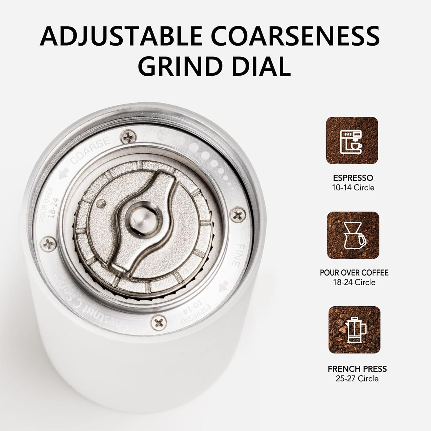 TIMEMORE Manual Coffee Grinder Foldable Hand Coffee Grinder Stainless Steel Conical Burr Chestnut C2 MAX Internal Adjustable Setting Capacity 30g French Press Coffee for Travel, Camping, Home White