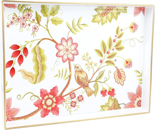 Spsyrine Decorative Serving Tray with Handles, White Lacquered Coffee Table Tray for Ottoman, Rectangle Waterproof Platters for Centerpieces, Parties, Living Room, Kitchen Counter Organization