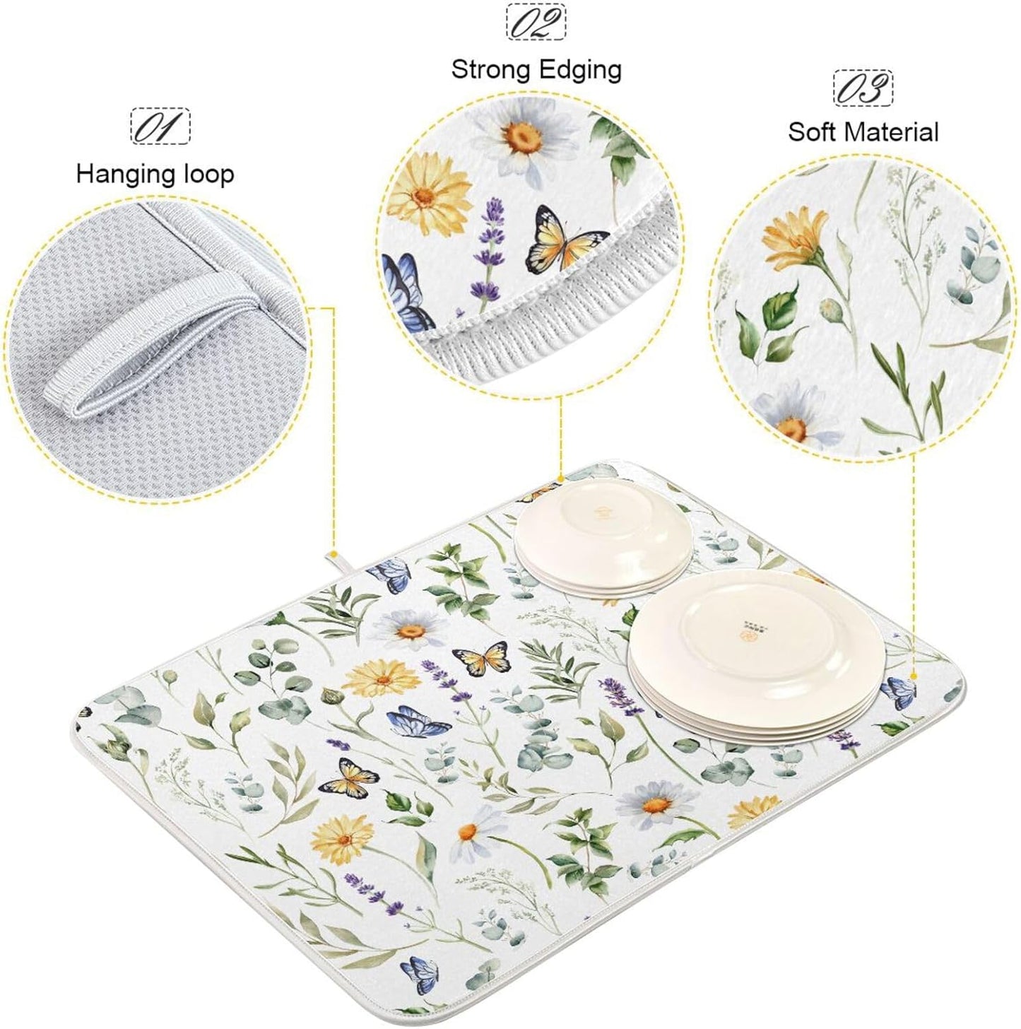 Wildflowers Butterflies Botanical Leaves Dish Drying Mat for Kitchen Counter Absorbent Microfiber Drying Pad, Large 18x24 in, Reversible Drainer Mats