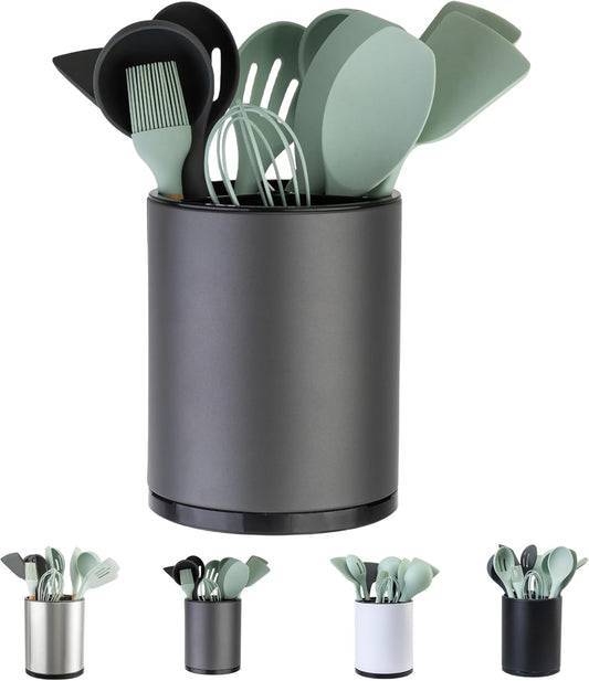 Kitchen Utensil Holder Extra Large 360°Rotating For Counter Organizer Stainless Steel Storage Cooking Silverware Caddy 3 Compartment Flatware Spoon Spatula Tool Cutlery Container(Grey)
