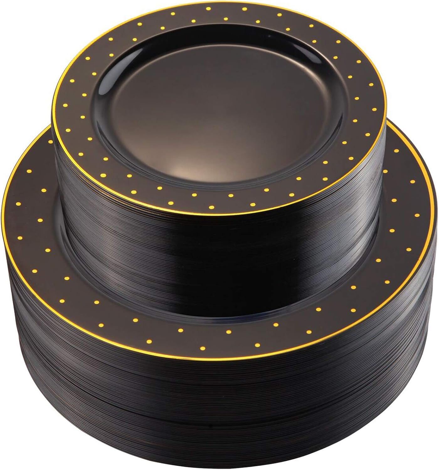 I00000 102Pcs Plastic Black Gold plates, New Year Black Plastic Plates Including 51 Dinner Plates 10.25" and 51 Salad Plates 7.5" with Gold Dots, Premium Gold Disposable Plates for Party & New Year