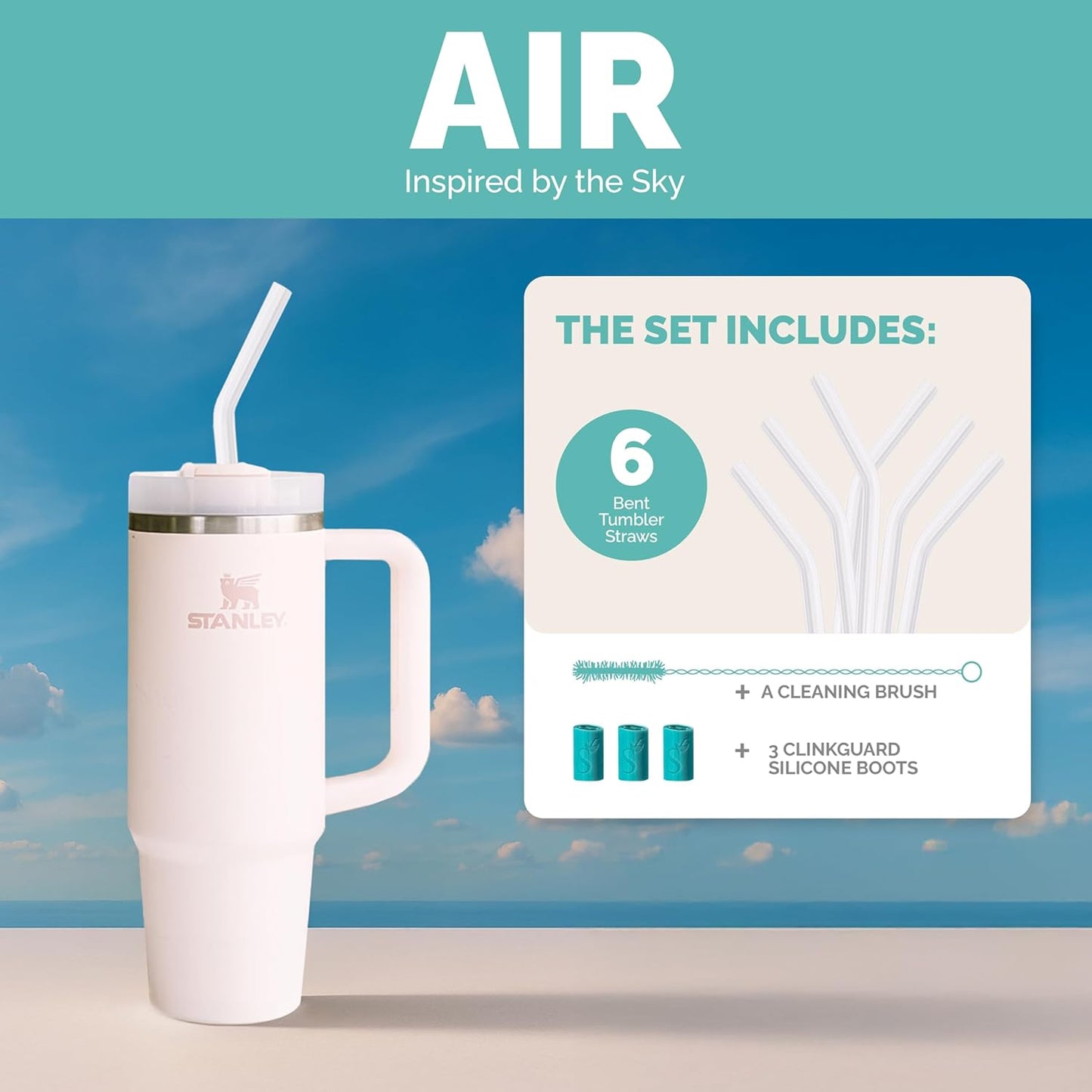 Simply Straws 12 Inch Glass Straws Bent (6-Pack) – Reusable Glass Straws for Stanley 40 Oz Tumbler, with Cleaning Brush – Durable, Dishwasher Safe, Hot & Cold Use, BPA-Free (Air)