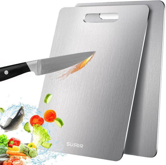 2 Pack Titanium Cutting Board, 100% Pure Titanium Cutting Boards For Kitchen, Non-Slip Chopping Board, Dishwasher Safe, Easy to Clean, Durable & Hygienic for Meat, Vegetables, Fruits (18 * 12)