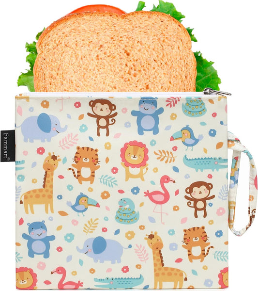Reusable Sandwich Bag/Snack Bag for Kids & Adults, Dual Layer Lunch Bag with Handle, Washable, Food Safe, BPA Free (1-Pack, Zoo)