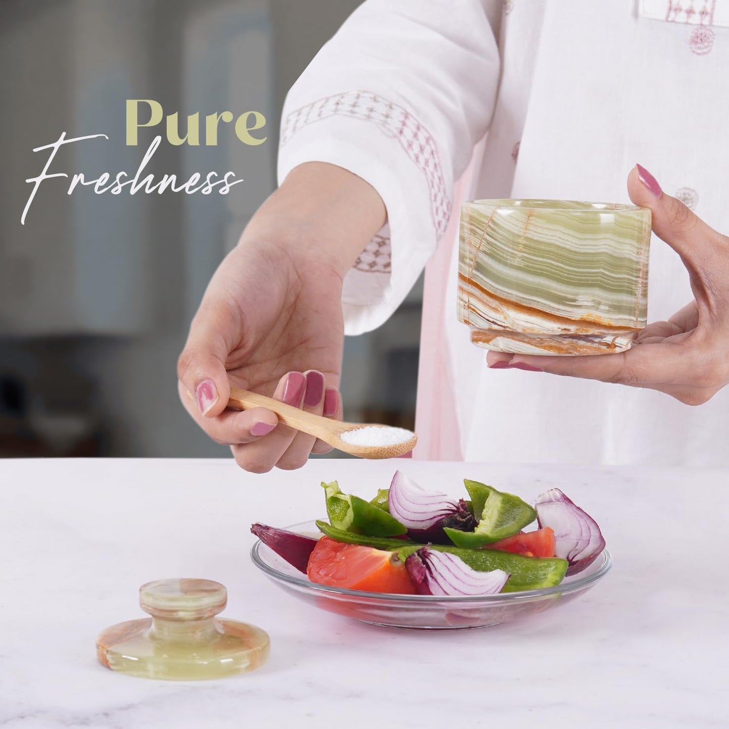 Marble Salt Cellar with Lid 3" Green Onyx Stone Salt Holder for Counter & Stone Salt Container, Salt Dish, Salt Box & Spice Jar