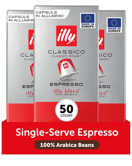 illy Aluminum Espresso Capsules - Compatible with Nespresso Machines - Classico Medium Roast Coffee- Mild&Balanced-Notes of Caramel,Orange Blossom&Jasmine Single Serve Capsules - 10 Count (Pack of 5)