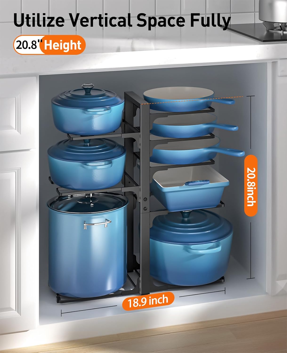ORDORA Pots and Pans Organizer: under Cabinet, 20.8" Height Heavy Duty 120LBS Pots Pans Organizer Rack for under Cabinet 8-Tier Adjustable for Big Stockpots, Dutch Oven, Cast-iron Pans, Heavy Cookware