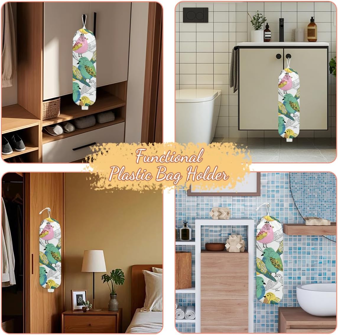 Bird Plastic Bag Holder, Wall Mount Grocery Bag Holder, Plastic Storage bag, Pull Rope Free Adjustment, Plastic Bag Holders for Grocery Bags, Plastic Bag Dispenser for Home Kitchen