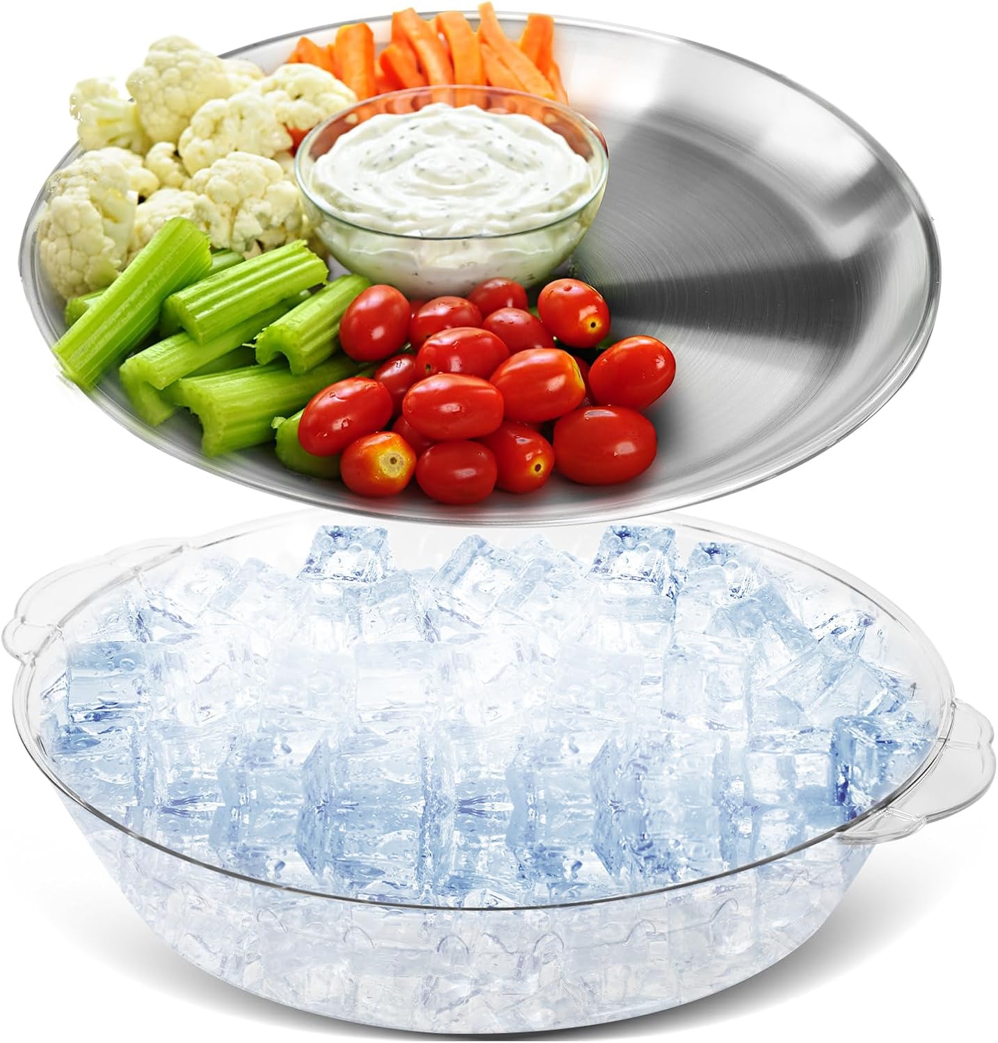 Baderke 1 Set 11.8" Chilled Serving Tray for Parties with Compartments Ice Chilled Party Platter Charcuterie Serving Board Cold Dish Dip for Fruit Seafood Vegetable Shrimp Cocktail (Natural)