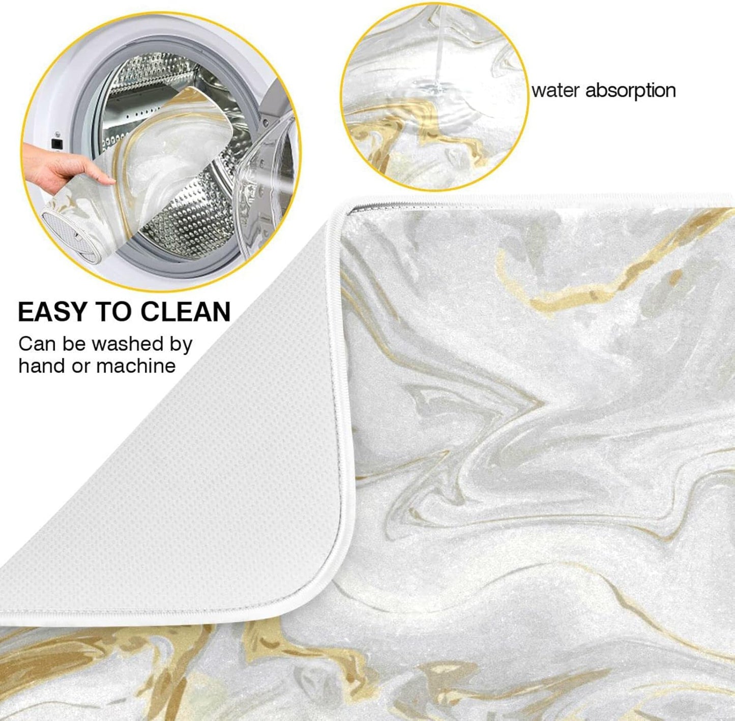 White Grey Gold Marble Fluid Dish Drying Mat for Kitchen Counter Absorbent Microfiber Drying Pad, Medium 16x18 in, Reversible Drainer Mats
