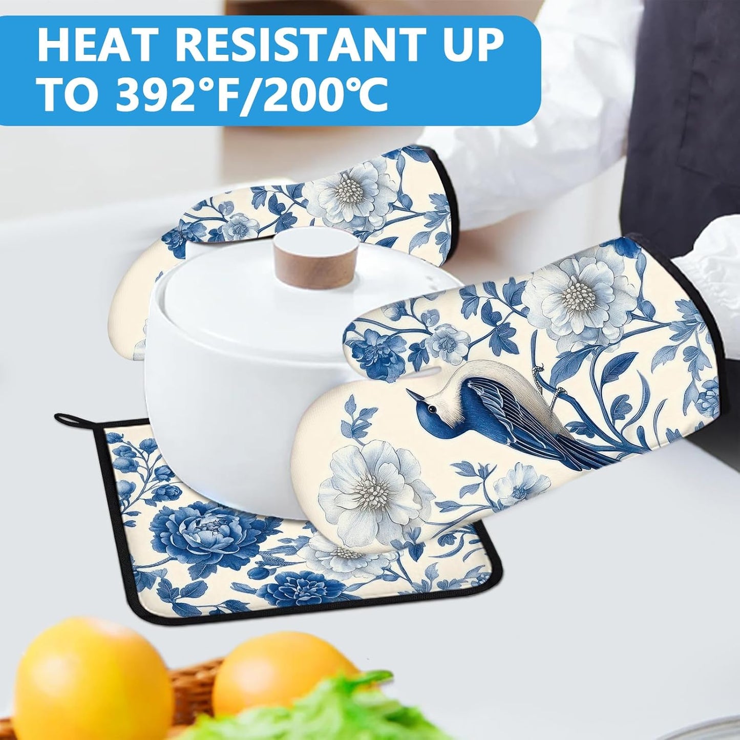 Blue Bird Blooming Flower Oven Mitts and Pot Holders Sets Heat Resistant 4Pcs Potholders Oven Gloves Hot Pads for Kitchen Baking Cooking Grilling BBQ