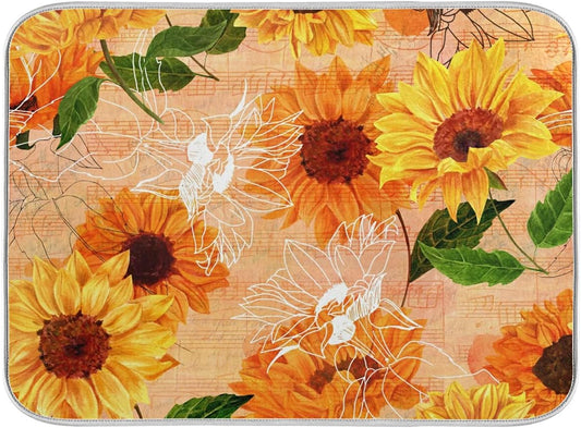 Super Absorbent Dish Drying Mat, Microfiber Fast-Drying Dish Mat, 24" x 18", Kitchen Dish Drying Pad, Watercolor Sunflowers