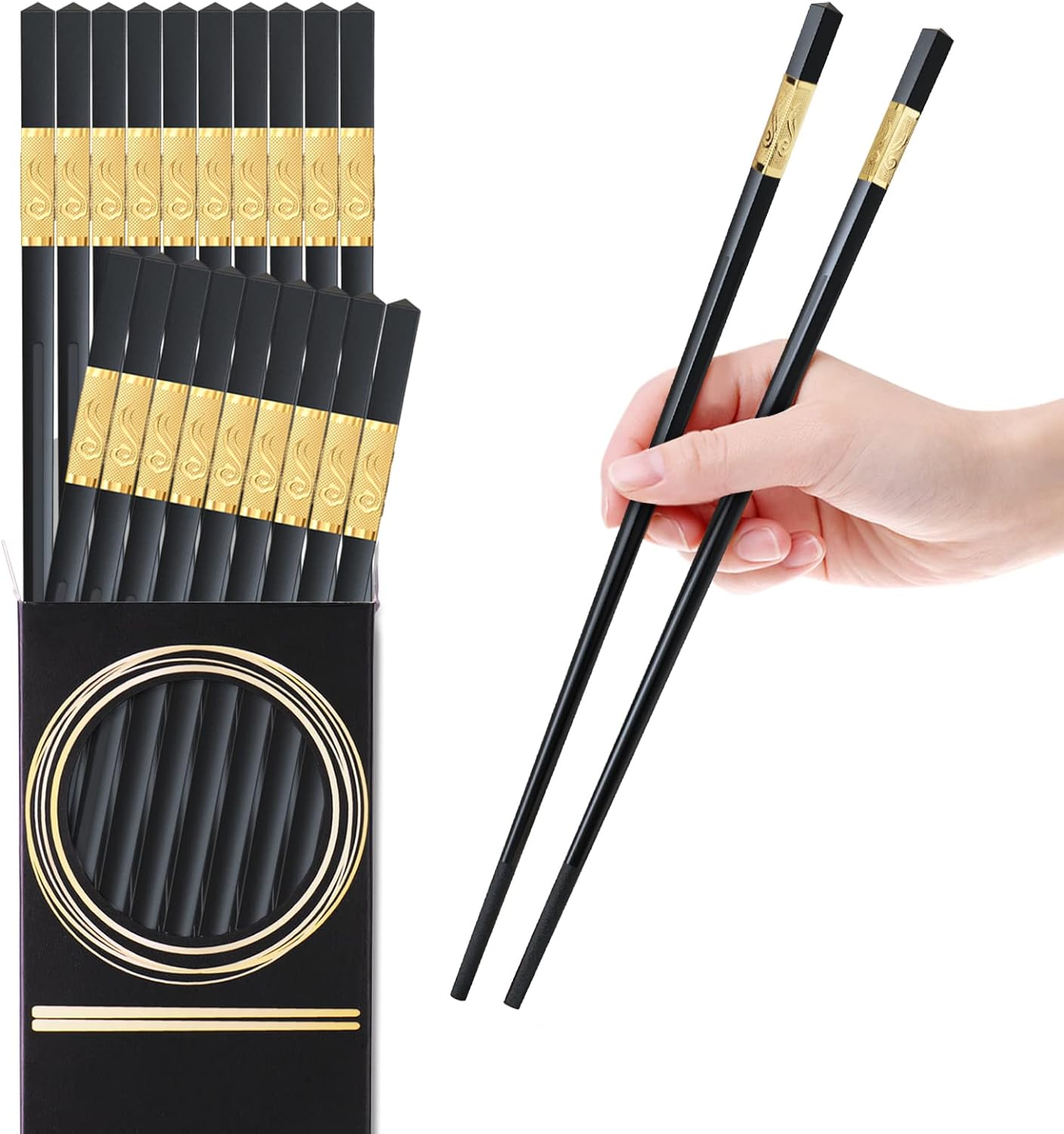 10 Pairs Fiberglass Chopsticks, GLAMFIELDS Reusable Japanese Chinese Korea Chop Sticks Dishwasher Safe, Non-slip, 9 1/2 inches Gold