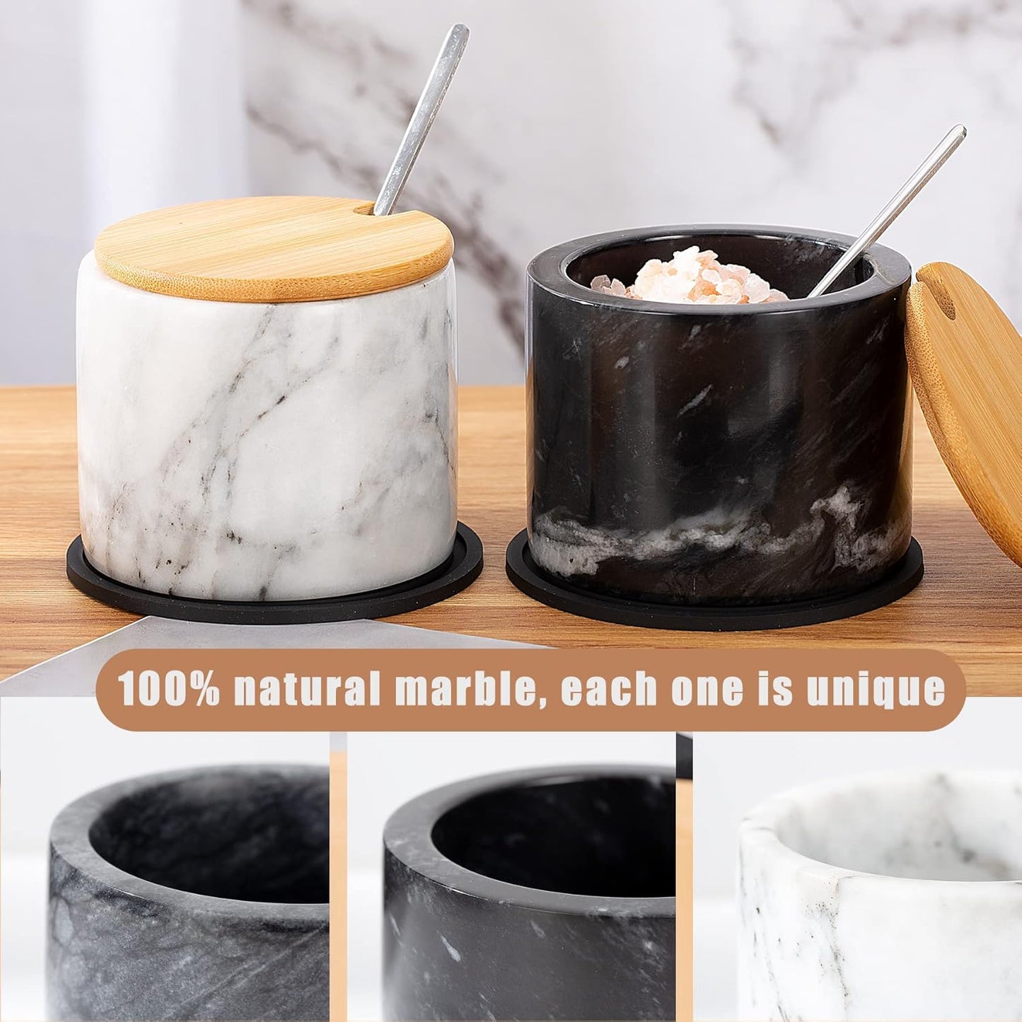 Marble Salt Cellar with Lid & Spoon, 11oz Salt and Pepper bowls, Handcrafted from Natural Marble, Smooth Inside (Black)