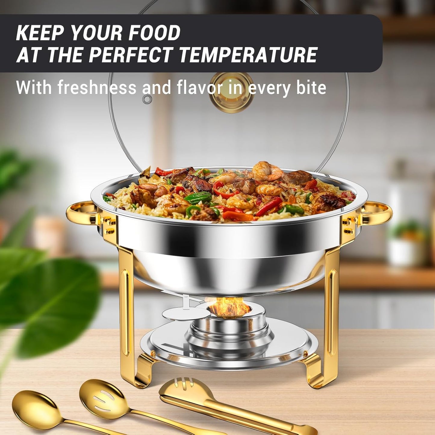 Round Chafing Dishes for Buffet 5 Qt,High Grade Chafing Dish Buffet Set, Full Size Pan,Rolled-Edge Design Food Warmers for Parties,Buffet,Wedding,Birthday,Camping 4 PACK (Half Gold-Glass)